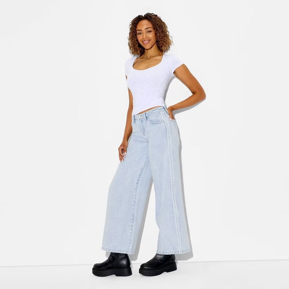 wild fable Light Wash Wide Leg Jeans with Side Trim #3106